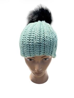 Handmade green& black knit beanie hat with faux fur Pom Pom